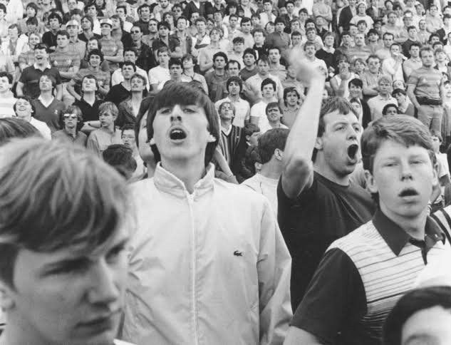 1980s football casuals on the terraces wearing Lacoste and sportswear