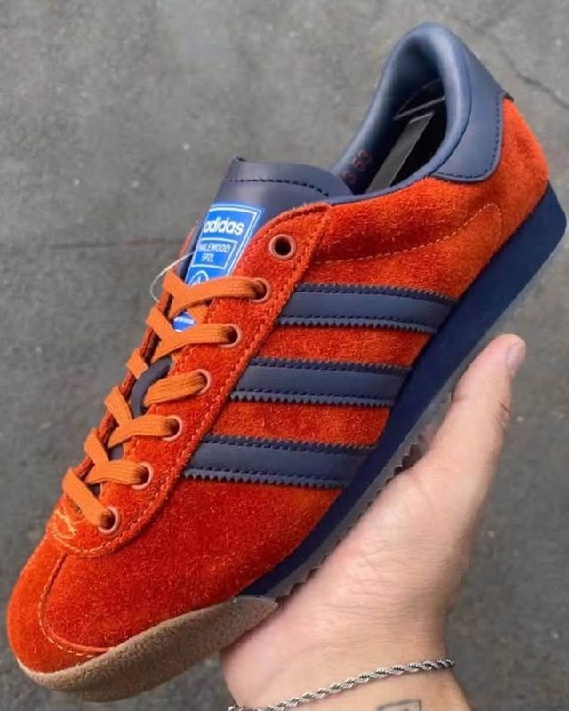 Leaked adidas Spezial AW26 Halewood SPZL trainer in orange suede with navy stripes
