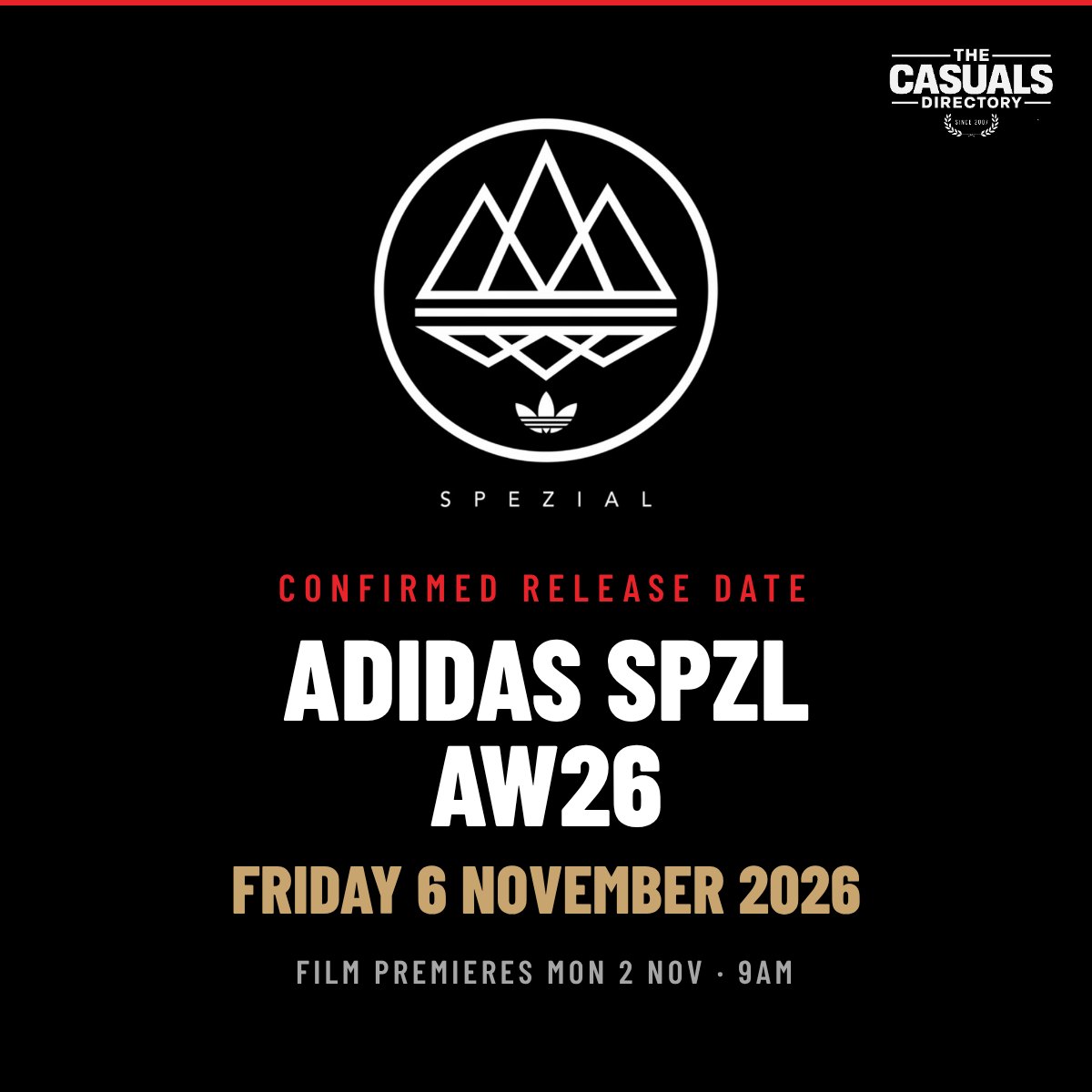 adidas Spezial logo &mdash; adidas SPZL AW26 confirmed release date Friday 6 November 2026
