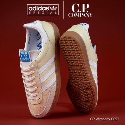 adidas Spezial x CP Company CP Wimberly SPZL 2024 limited edition sneaker inspired by the vintage Canadian Universal, featuring perforated toe box, zig zag stitching, and dual branding in white leather and suede