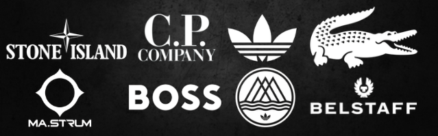 Football casuals clothing brands — Stone Island, CP Company, Adidas, Lacoste, MA.Strum, Hugo Boss, Mountain Research, Belstaff