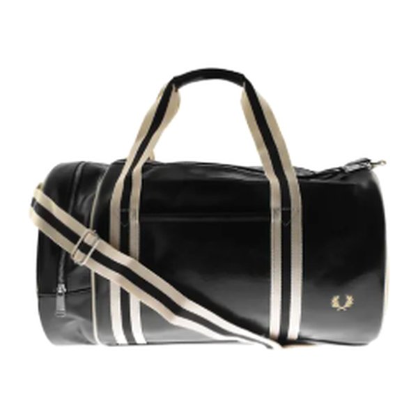 Fred Perry classic barrel bag in black with cream and black striped straps