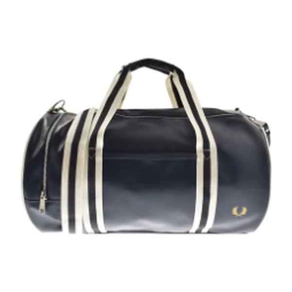 Fred Perry classic barrel bag in navy with cream and navy striped straps
