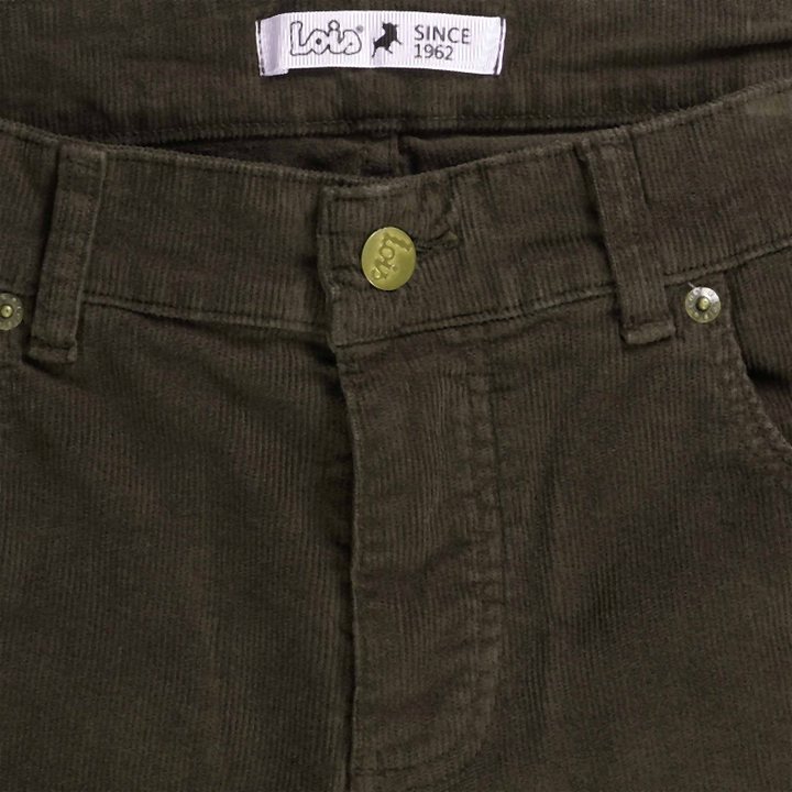Lois Sierra thin cord waistband with Since 1962 label, button fly and branded rivets