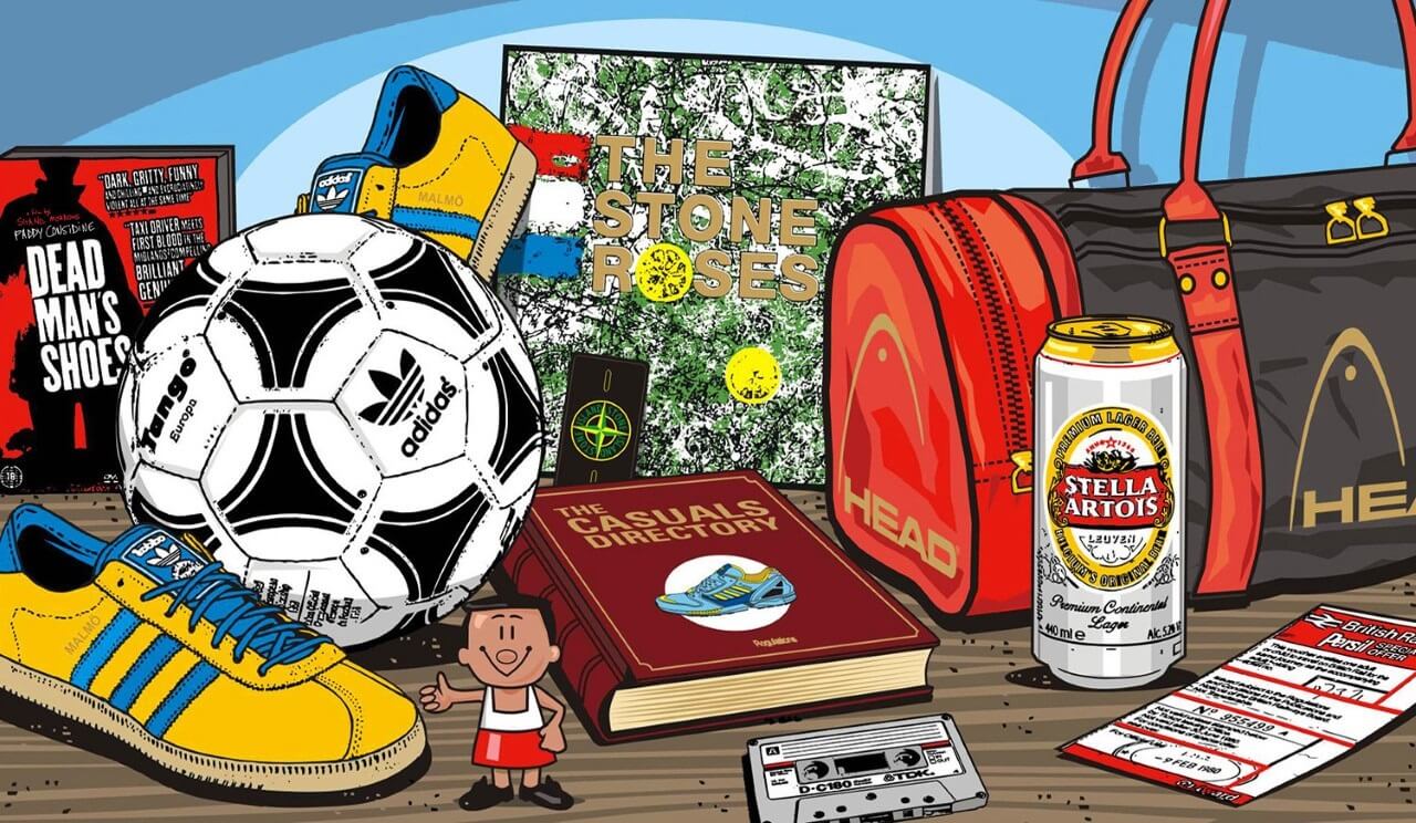 Football casuals clothing and terrace fashion — adidas trainers, Stone Island, Stella Artois, HEAD bag
